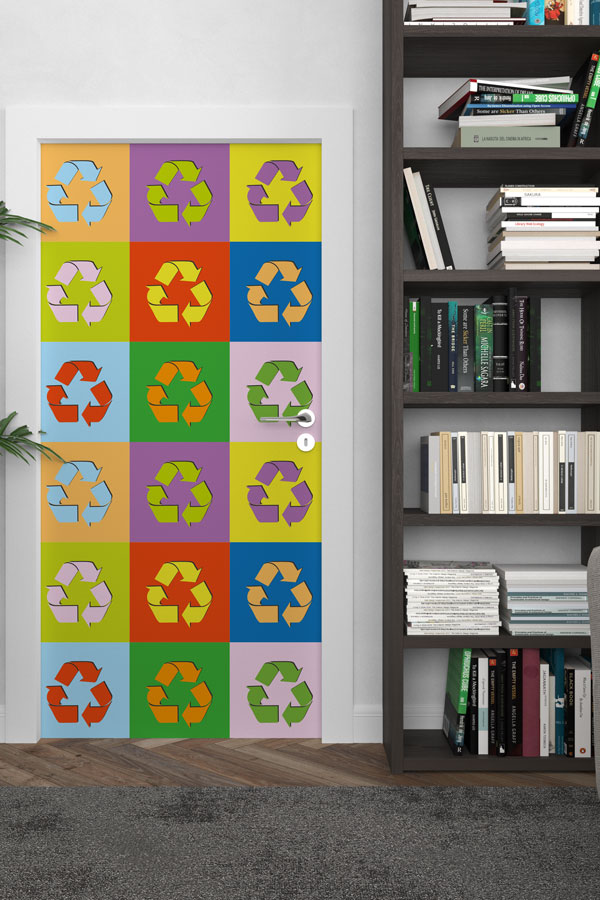Renkli Bloklu Pop-Art Geri Dönüşüm Sembolleri Kapı Giydirme 9070