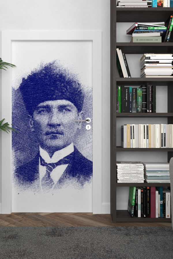 Atatürk Portresi Kapı Giydirme Mavi Eskiz Tasarımı 9138