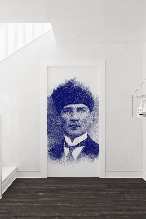 Atatürk Portresi Kapı Giydirme Mavi Eskiz Tasarımı 9138