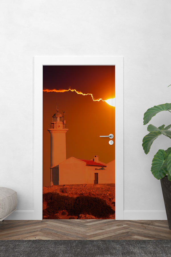 Gün Batımında Deniz Feneri Manzaralı Kapı Giydirme 9707