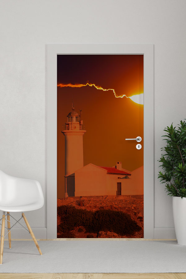 Gün Batımında Deniz Feneri Manzaralı Kapı Giydirme 9707