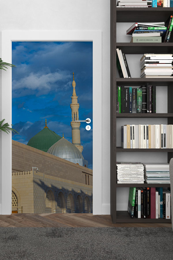 okul-sinif-kapi-tasarimlari-9563-02 Medine Yeşil ve Gümüş Kubbe Görselli Kapı Giydirme 9563