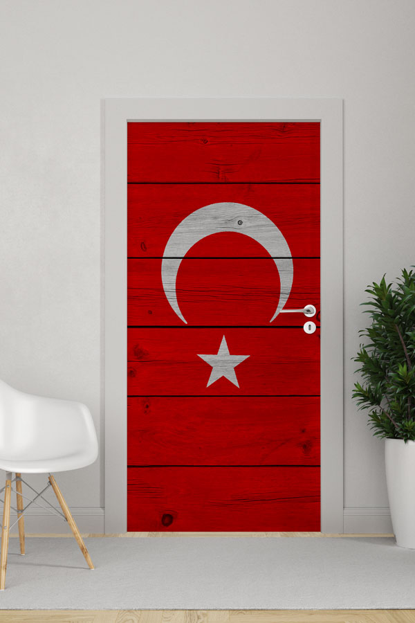 Yatay Ahşap Dokulu Türk Bayrağı Kapı Giydirme 8832