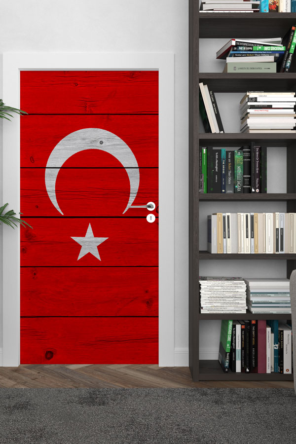 Yatay Ahşap Dokulu Türk Bayrağı Kapı Giydirme 8832