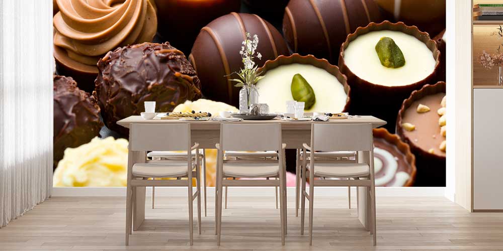 Pralin ve Çikolata Desenli Pastane Duvar Kağıdı 12351