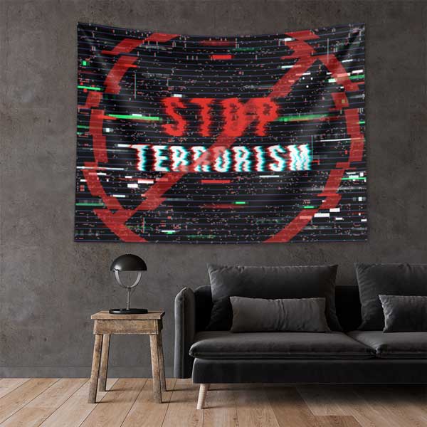Stop Terrorism Glitch Efektli Duvar Örtüsü 11122