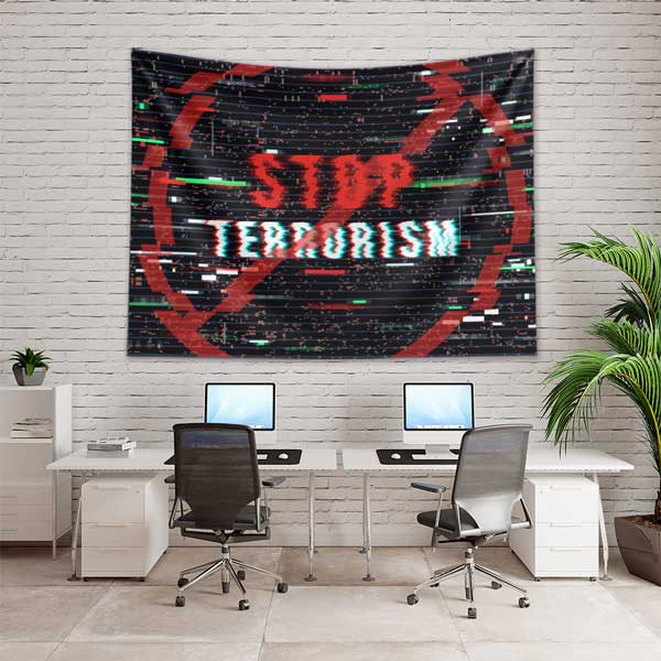 Stop Terrorism Glitch Efektli Duvar Örtüsü 11122