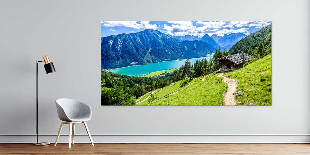 Dağ Evi ve Turkuaz Göl Manzarası Panoramik Büyük Ebat Duvar Dekoru 14227