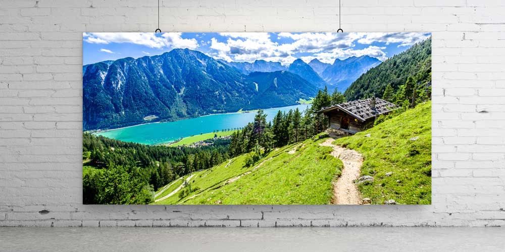 Dağ Evi ve Turkuaz Göl Manzarası Panoramik Büyük Ebat Duvar Dekoru 14227