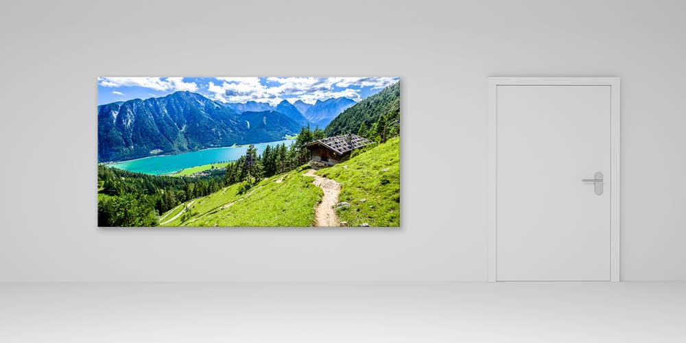 Dağ Evi ve Turkuaz Göl Manzarası Panoramik Büyük Ebat Duvar Dekoru 14227