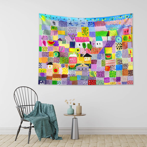 Renkli Desenli Evler ve Meyveler Kompozisyonu Duvar Örtüsü 8321