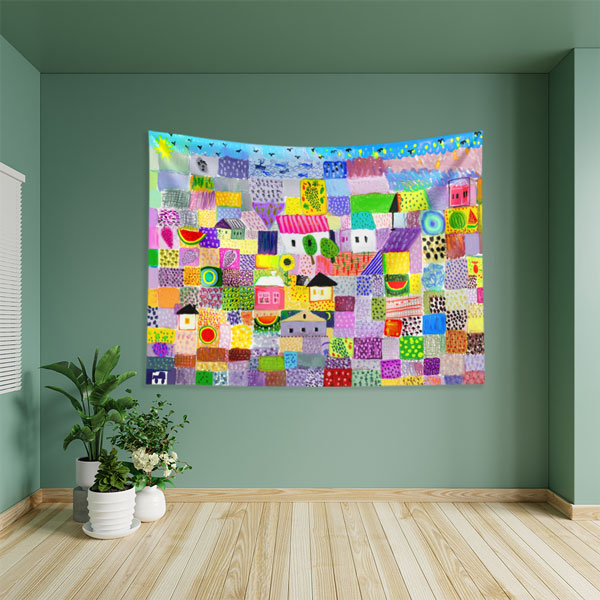 Renkli Desenli Evler ve Meyveler Kompozisyonu Duvar Örtüsü 8321