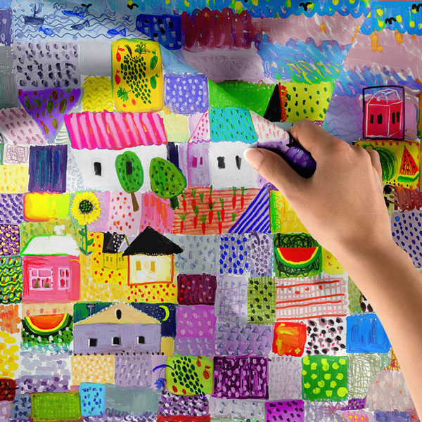 Renkli Desenli Evler ve Meyveler Kompozisyonu Duvar Örtüsü 8321