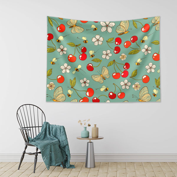 Kiraz ve Çiçek Desenli Sağlıklı Beslenme Duvar Örtüsü Kumaş Baskı 8333