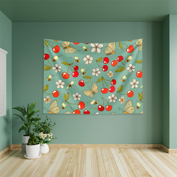 Kiraz ve Çiçek Desenli Sağlıklı Beslenme Duvar Örtüsü Kumaş Baskı 8333