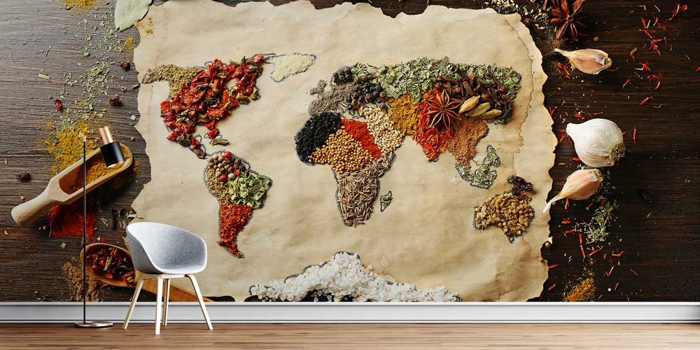 restaurant-wallpaper-art-12288-00 Baharatlarla Eski Dünya Haritası Duvar Kağıdı 12288