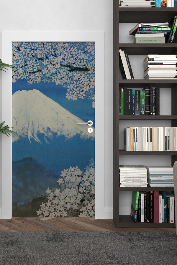 Sakura Çiçekleri ve Dağ Manzaralı Kapı Giydirme Tasarımı 9308