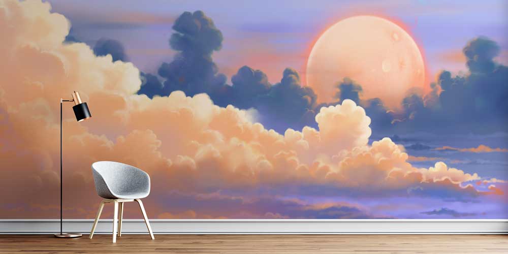 Pastel Bulutlar ve Ay Manzaralı Gökyüzü Duvar Kağıdı 4345
