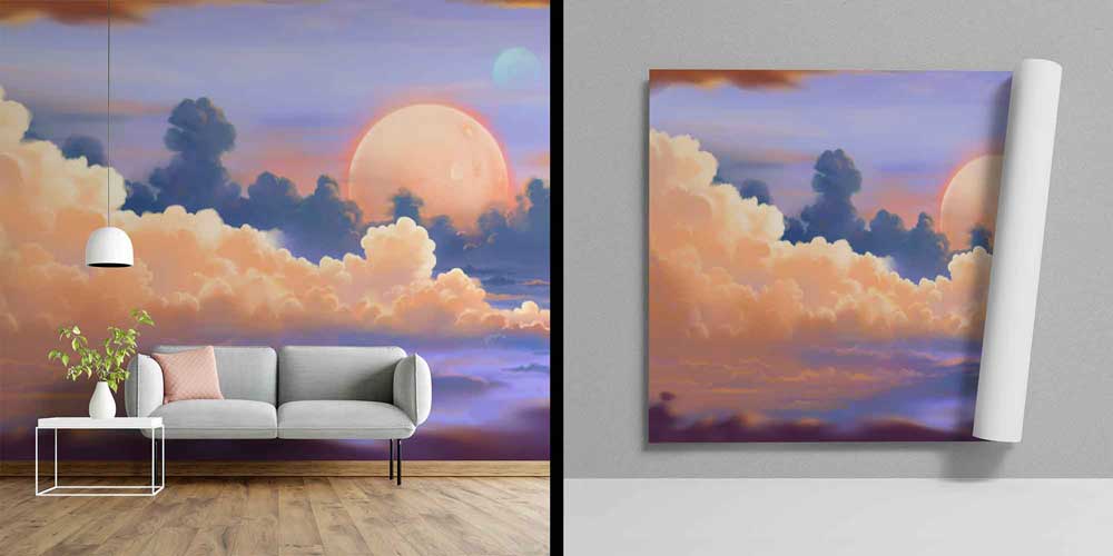 Pastel Bulutlar ve Ay Manzaralı Gökyüzü Duvar Kağıdı 4345