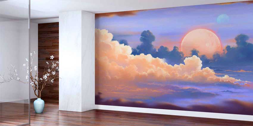 Pastel Bulutlar ve Ay Manzaralı Gökyüzü Duvar Kağıdı 4345