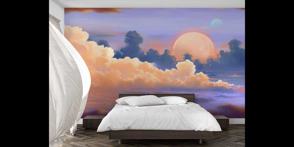 Pastel Bulutlar ve Ay Manzaralı Gökyüzü Duvar Kağıdı 4345