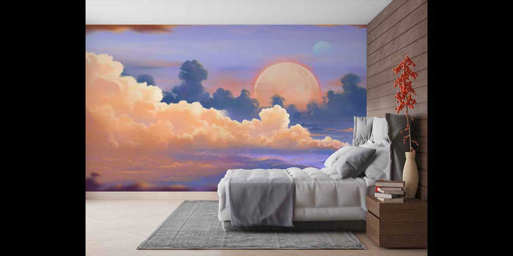 Pastel Bulutlar ve Ay Manzaralı Gökyüzü Duvar Kağıdı 4345