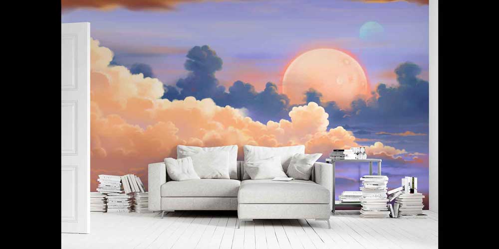 Pastel Bulutlar ve Ay Manzaralı Gökyüzü Duvar Kağıdı 4345