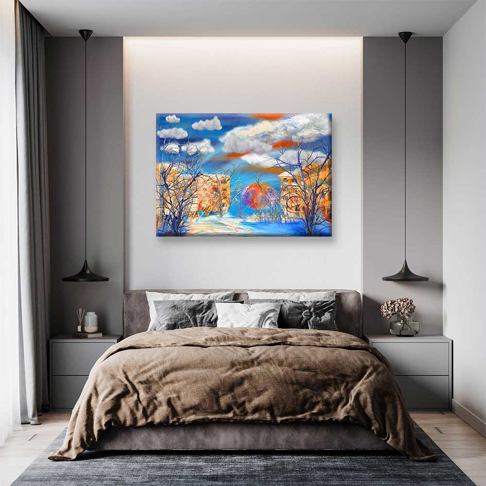 sanatsal-tablo-4397-05 Soyut Kış Şehri ve Renkli Evler Kanvas Tablo 4397