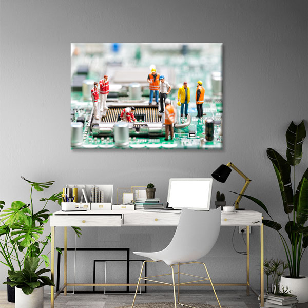 Mikroçip Üzerinde İşçi Figürleri Temalı Kanvas Duvar Tablosu – 5436