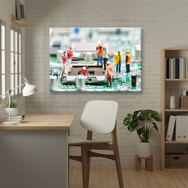 Mikroçip Üzerinde İşçi Figürleri Temalı Kanvas Duvar Tablosu – 5436