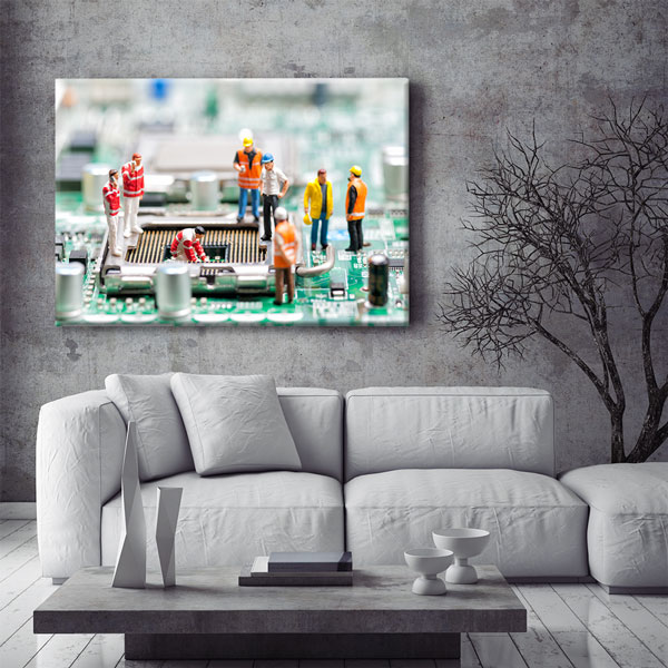 Mikroçip Üzerinde İşçi Figürleri Temalı Kanvas Duvar Tablosu – 5436