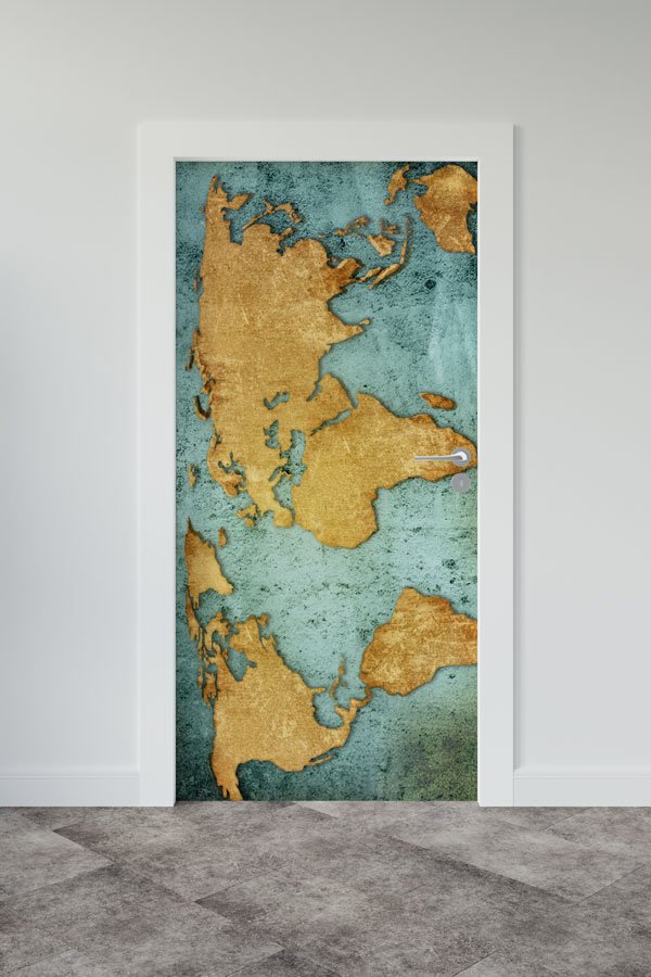 Vintage Dünya Haritası Kapı Giydirme - Eski Dünya Temalı Okul Dekoru 8797