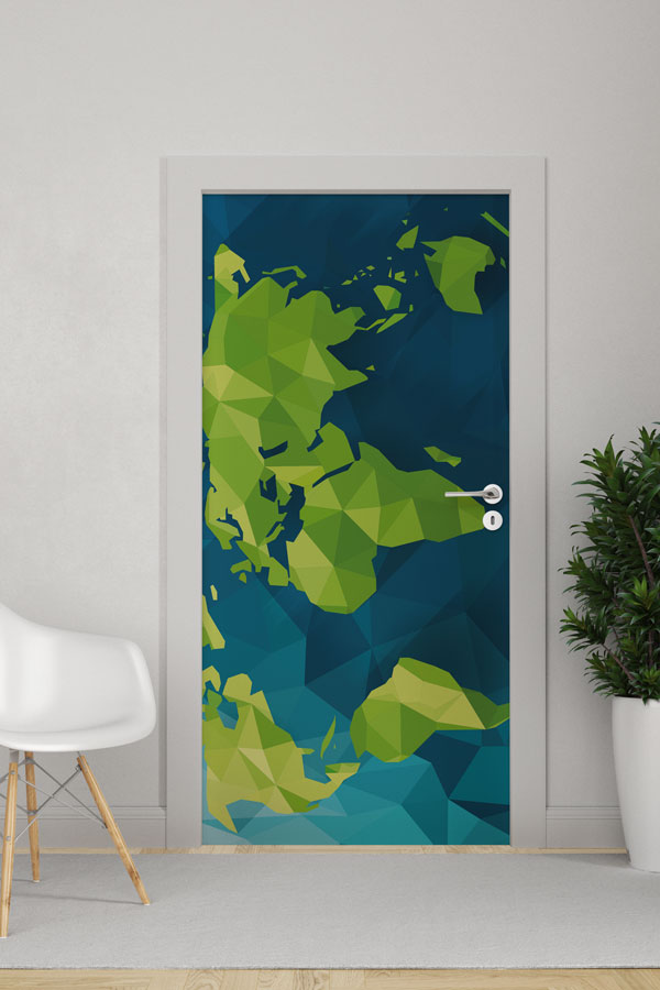 Poligon Dünya Haritası Kapı Giydirme - Geometrik Okul Dekoru 8807
