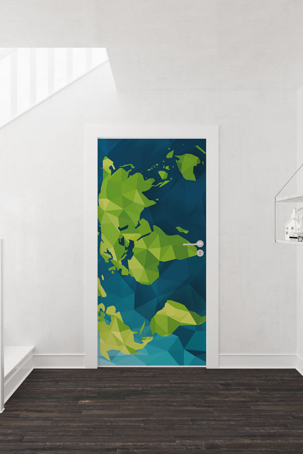 Poligon Dünya Haritası Kapı Giydirme - Geometrik Okul Dekoru 8807