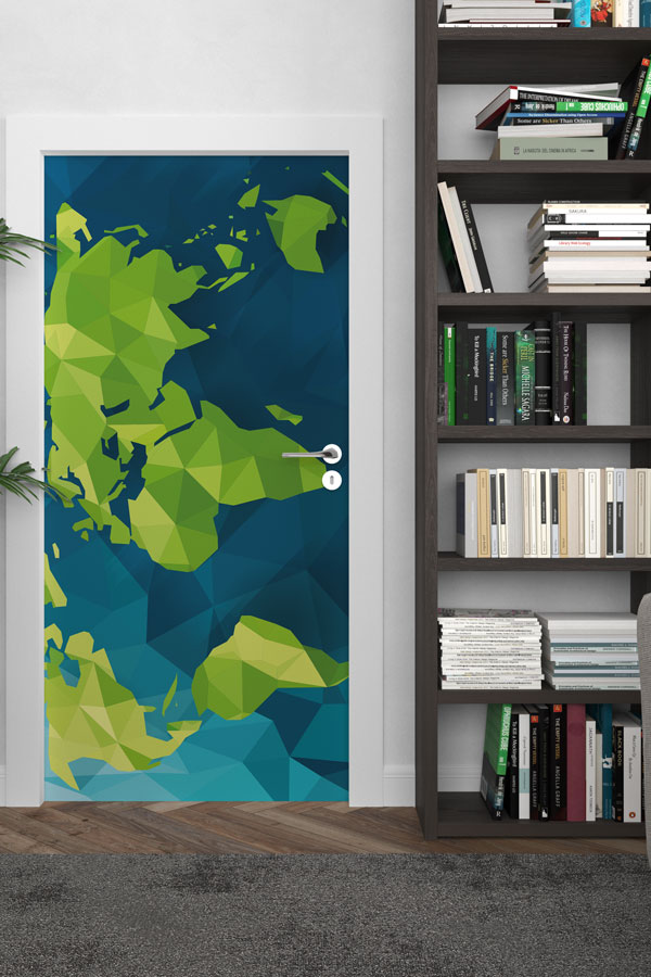 Poligon Dünya Haritası Kapı Giydirme - Geometrik Okul Dekoru 8807