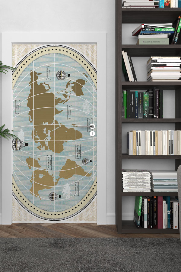 school-class-door-art-8818-02 Antik Küre Dünya Haritası Kapı Giydirme - Balon ve Gemi Temalı 8818