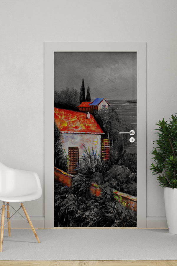 Kırmızı Çatılı Ev Manzaralı Kapı Tasarımı 9271