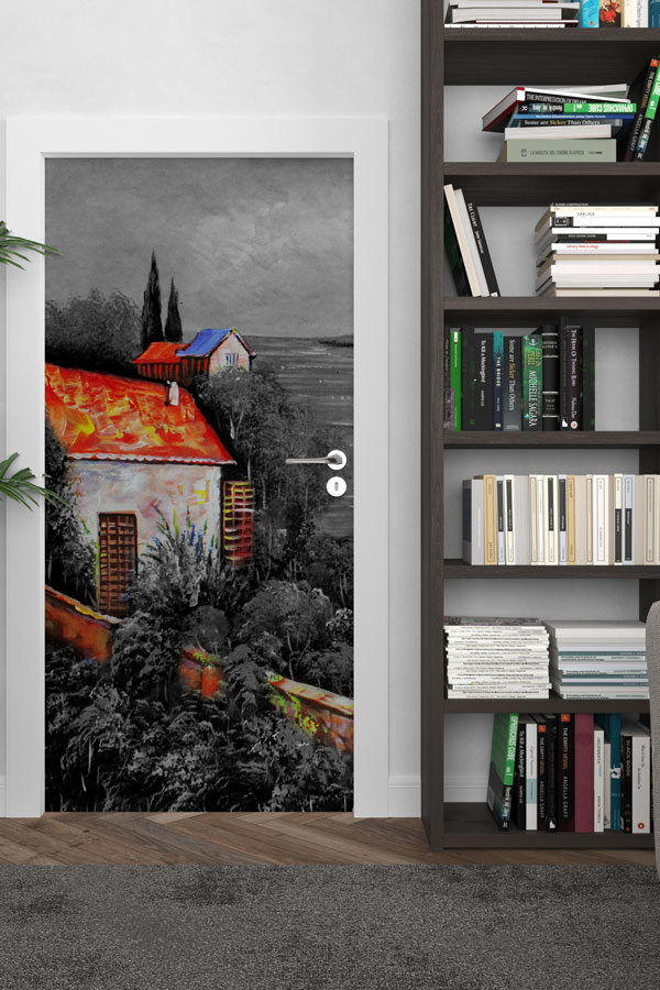 Kırmızı Çatılı Ev Manzaralı Kapı Tasarımı 9271