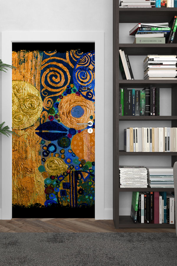 Altın ve Mavi Spiralli Soyut Sanat Kapı Giydirme Tasarımı 9223