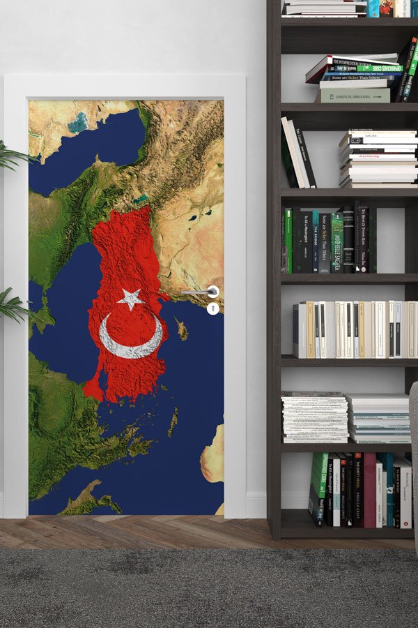 Türkiye Haritası ve Bayraklı Kapı Giydirme - Okul Sınıf Kapısı Dekoru 8795