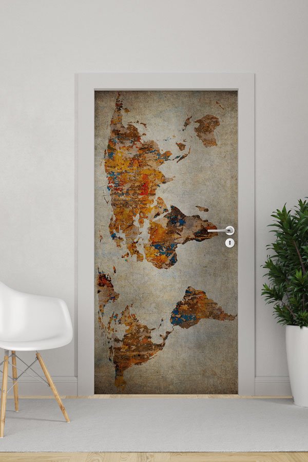 Soyut Sanat Dünya Haritası Kapı Giydirme - Modern Coğrafya Dekoru 8796