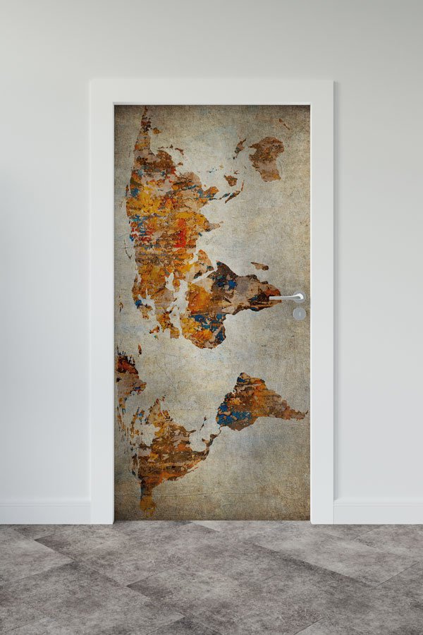 Soyut Sanat Dünya Haritası Kapı Giydirme - Modern Coğrafya Dekoru 8796