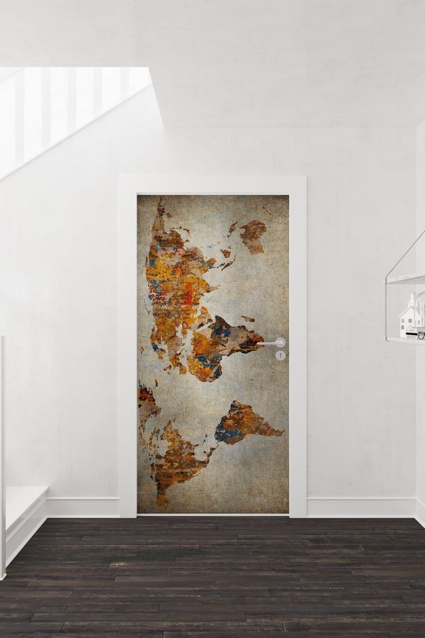 Soyut Sanat Dünya Haritası Kapı Giydirme - Modern Coğrafya Dekoru 8796