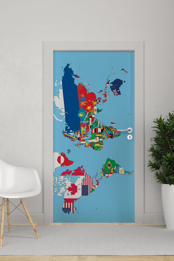 Ülke Bayraklı Dünya Haritası Kapı Giydirme - Eğitim ve Kültür Temalı 8821