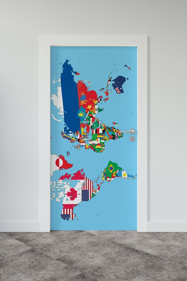 school-class-door-decor-8821-00 Ülke Bayraklı Dünya Haritası Kapı Giydirme - Eğitim ve Kültür Temalı 8821