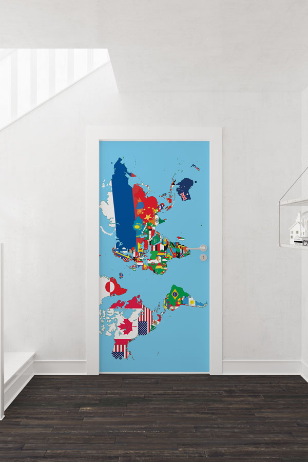 Ülke Bayraklı Dünya Haritası Kapı Giydirme - Eğitim ve Kültür Temalı 8821