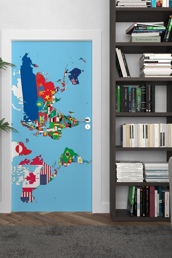 Ülke Bayraklı Dünya Haritası Kapı Giydirme - Eğitim ve Kültür Temalı 8821