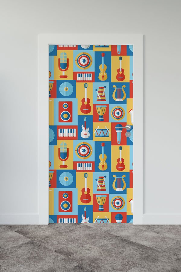 Müzik Aletleri Kare Desenli Kapı Giydirme 8850