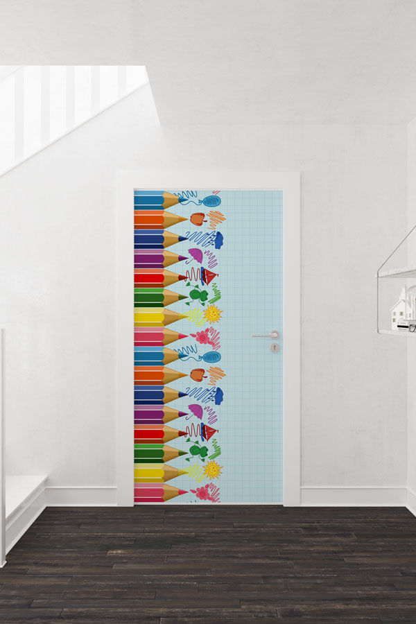 school-class-door-decor-9207-01 "Renkli Kalemler ve Eğlenceli Çizimler" Kapı Giydirme 9207