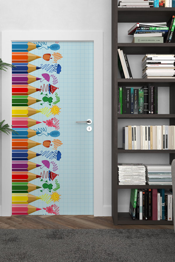 school-class-door-decor-9207-02 "Renkli Kalemler ve Eğlenceli Çizimler" Kapı Giydirme 9207